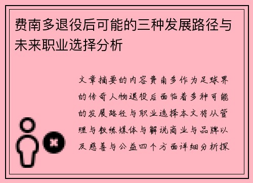 费南多退役后可能的三种发展路径与未来职业选择分析 费南多退役后可能的三种发展路径与未来职业选择分析