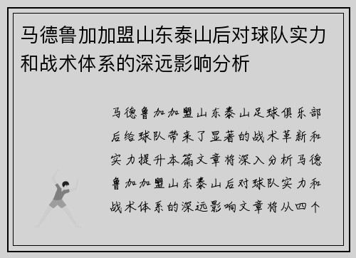 马德鲁加加盟山东泰山后对球队实力和战术体系的深远影响分析