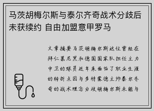 马茨胡梅尔斯与泰尔齐奇战术分歧后未获续约 自由加盟意甲罗马