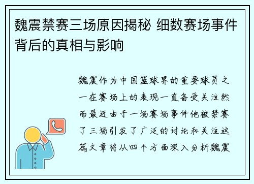 魏震禁赛三场原因揭秘 细数赛场事件背后的真相与影响